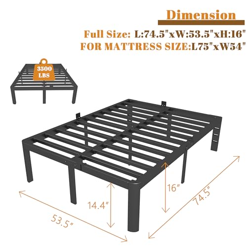 Full Size Bed Frame 16 Inch Black, Metal Platform Full Bed Frame with Baffles, No Box Spring Needed, Heavy Duty Steel Supprt, Rounded Corner Design
