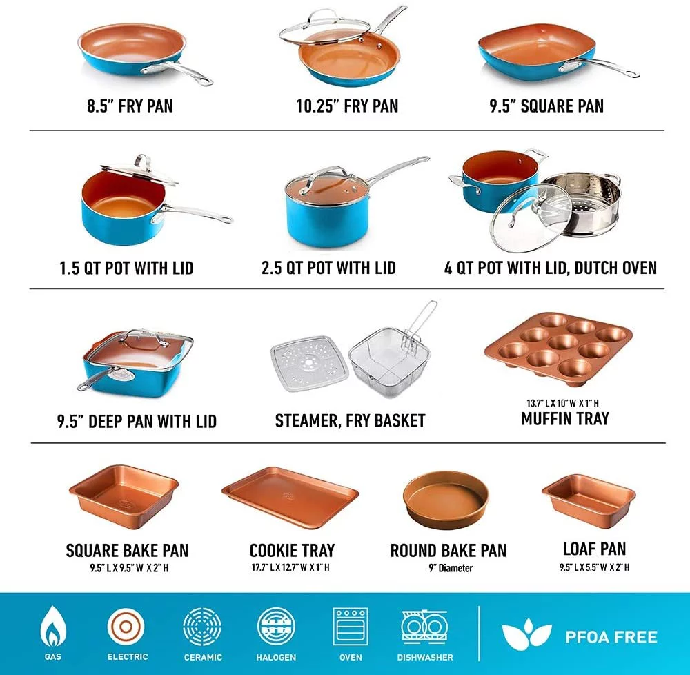 Gotham Steel Cookware + Bakeware Set with Non-stick Durable Ceramic Copper Coating – Includes Skillets, Stock Pots, Deep Square Fry Basket