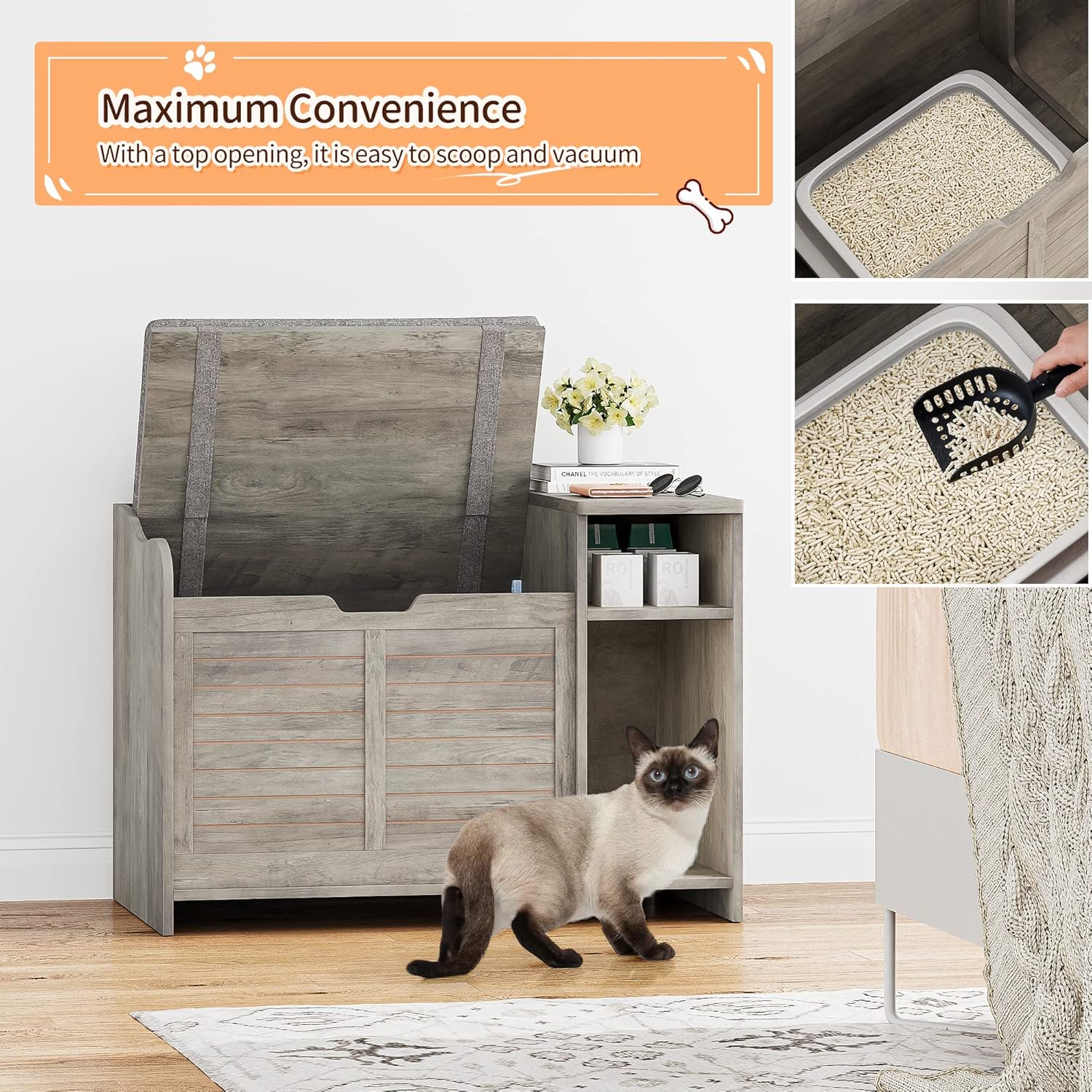 OUTGOODS Hidden Cat Litter Box Furniture, Fir Wood Enclosure Cabinet w/ Storage