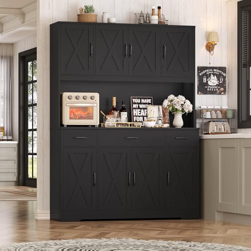 HOSTACK 71" Tall Kitchen Pantry Storage Cabinet with Charging Station, 55" Wide Kitchen Hutch Cabinet with Large Countertop