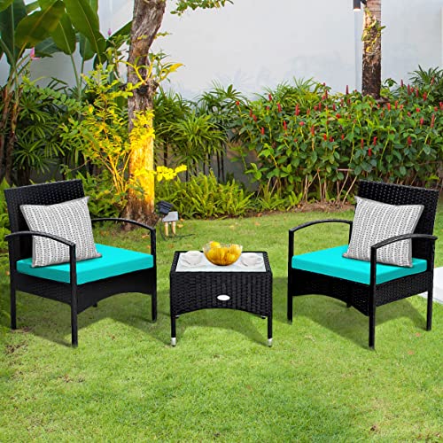 COSTWAY 3 PCS Patio Wicker Conversation Set, PE Rattan Sofa with Tempered Glass Coffee Table, 2 Chairs, 2 Cushions