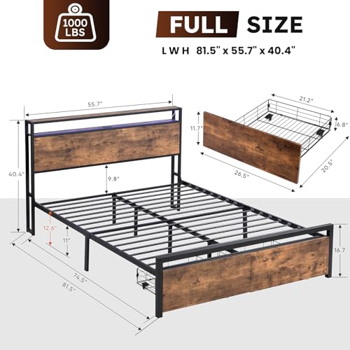 Full Size Bed Frame with Headboard, LED Platform Bed with 4 Storage Drawers, Built in Charging Station, Noise-Free, Metal Support Base