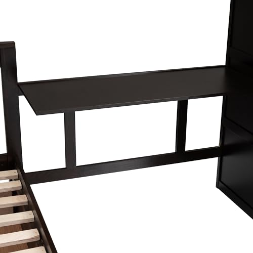Merax L-Shaped Triple Bunk Bed with Desk & Stairs, Twin & Twin Over Full Bunk Bed for 3, Storage Drawers and Wardrobe Included, for Adults