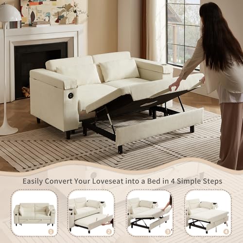 68.11" Corduroy Sleeper Chair Bed with USB Port, Cup Holders & Side Storage Pockets – 3-in-1 Foldable Sofa Bed for Guest Room, Living Room – White
