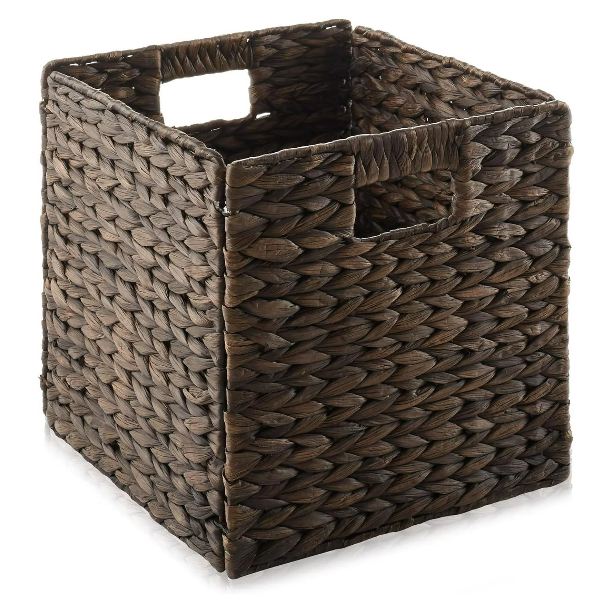 10.5x 10.5Water Hyacinth Storage Baskets, Espresso - Set of 4 Collapsible Cube Organizers, Woven Bins for Bathroom, Bedroom, Laundry, Pantry