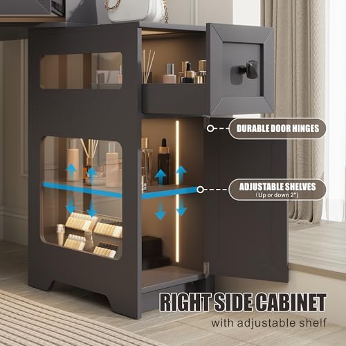 Corner Vanity Desk with Mirror and Lights, Modern Makeup Vanity with Charging Station & Human Sensor Light
