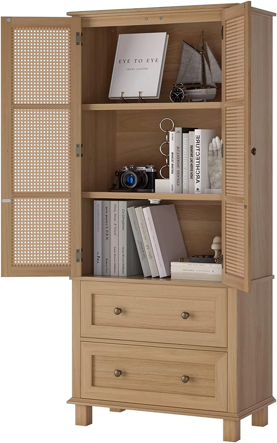 Kitchen Pantry Storage Cabinet, Tall Cabinet with Rattan Doors and 2 Drawers, Freestanding Cupboard with Adjustable Shelves