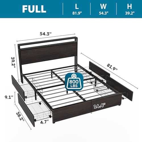 Full Size Bed Frame with Headboard, LED Platform Bed with 4 Storage Drawers, Built in Charging Station, Noise-Free, Metal Support Base