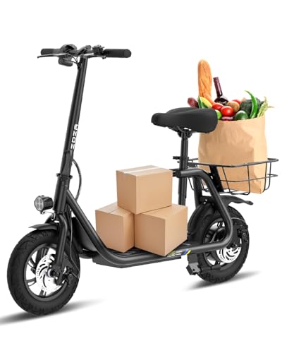 Electric Scooter with Seat ZD06, 800W Peak Motor, 20 Mile Range & 15.5 Mph, Key Start, Foldable E-Scooter with Carry Basket for Pets & Cargo