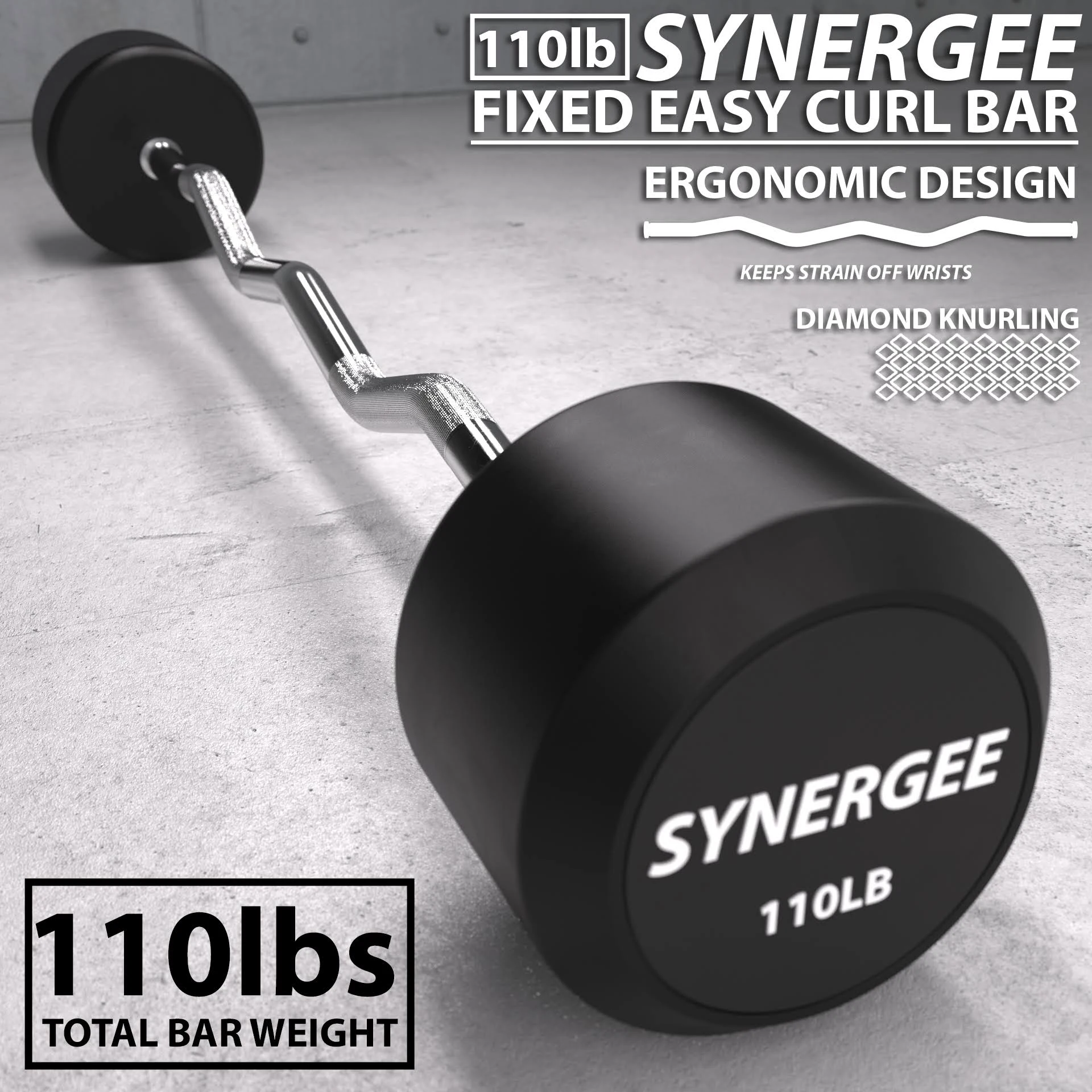 Synergee 110lb Fixed Easy Curl Bar Straight Steel Bar Rubber Weight.