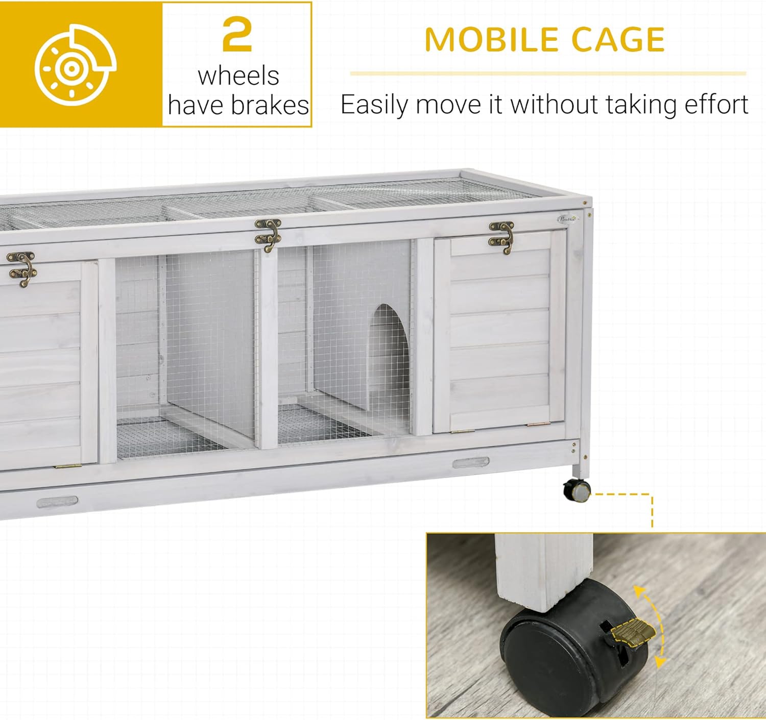 Wooden Rabbit Hutch, Bunny Cage with Wheels, Dividers, Openable Roof, Removable Trays, Small Animal Cages for 1-2 Rabbits, Indoor Outdoor Use