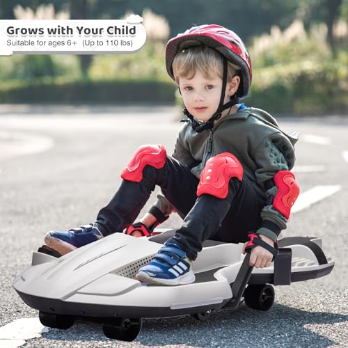 Dockey 24V Electric Ride On Toy for Kids Ages 6 & Up, High Power Drift Cart with Side Handlebars, Cool LED Lights & Music - Crazy Cart (White)