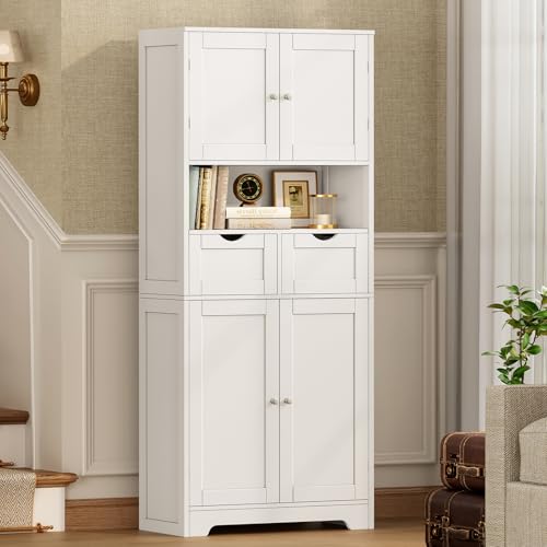 57.8“H Tall Bathroom Cabinet, Storage Cabinet with 2 Drawers & 2 Adjustable Shelves, Bathroom Storage Cabinet with 4 Doors