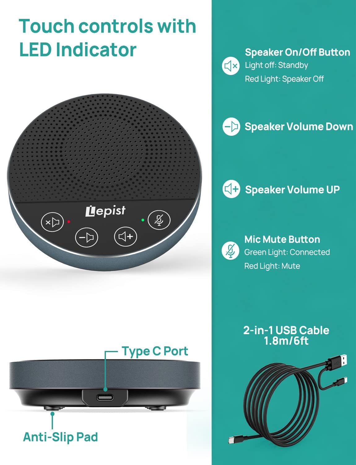USB Speakerphone - Lepist LE2103N Computer Speakers with Microphone, Conference Call Speaker with Microphone for Zoom, Skype, 360° Voice Pickup
