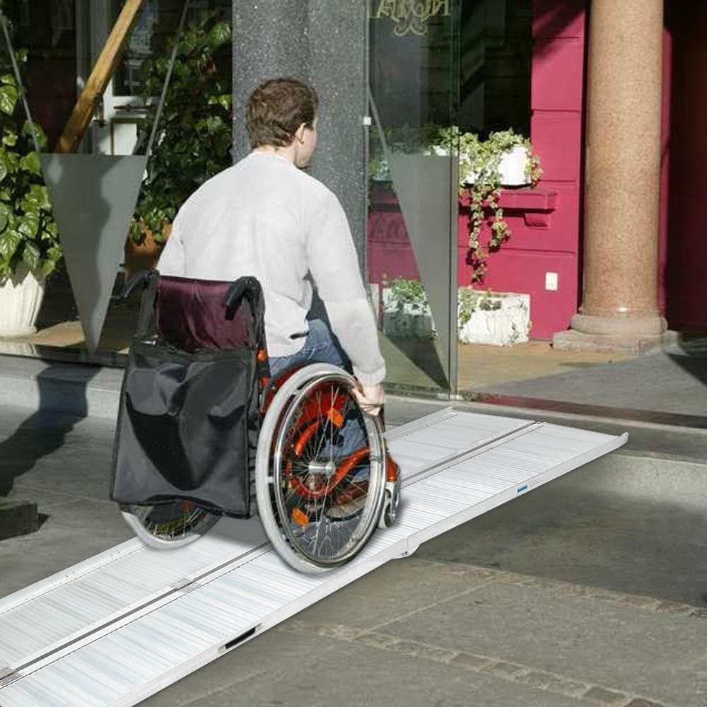 OMECAL 4' Wheelchair Ramp Threshold Portable Ramps 4ft for Home Steps Doorway Stairs Aluminum Handicap Metal House Mobile Porch Temporary Multifold
