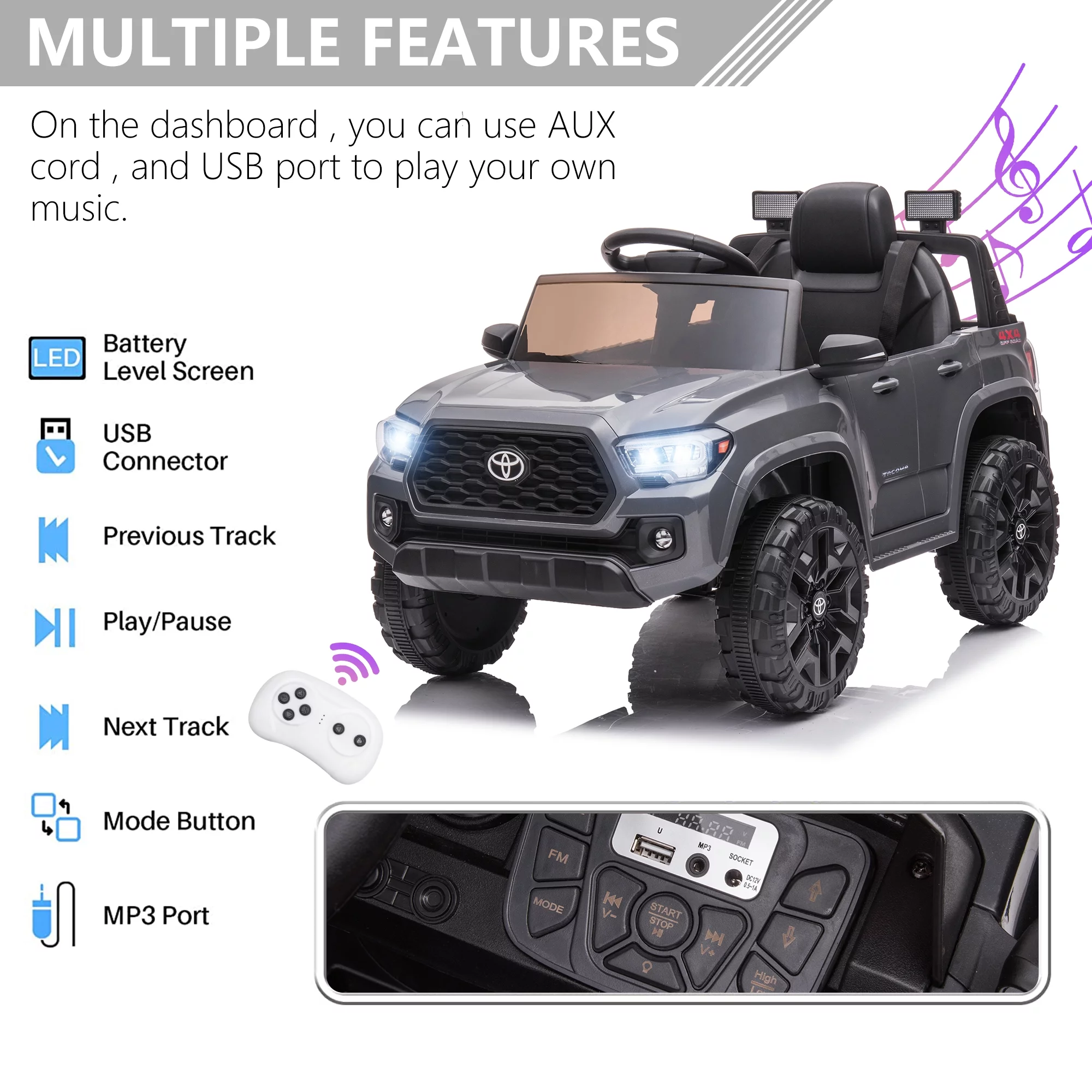 Licensed Toyota Tacoma Electric Ride on Vehicle for Kids, 12V Powered Ride on Car Toys with Remote Control, LED Lights, MP3 Player, Gray