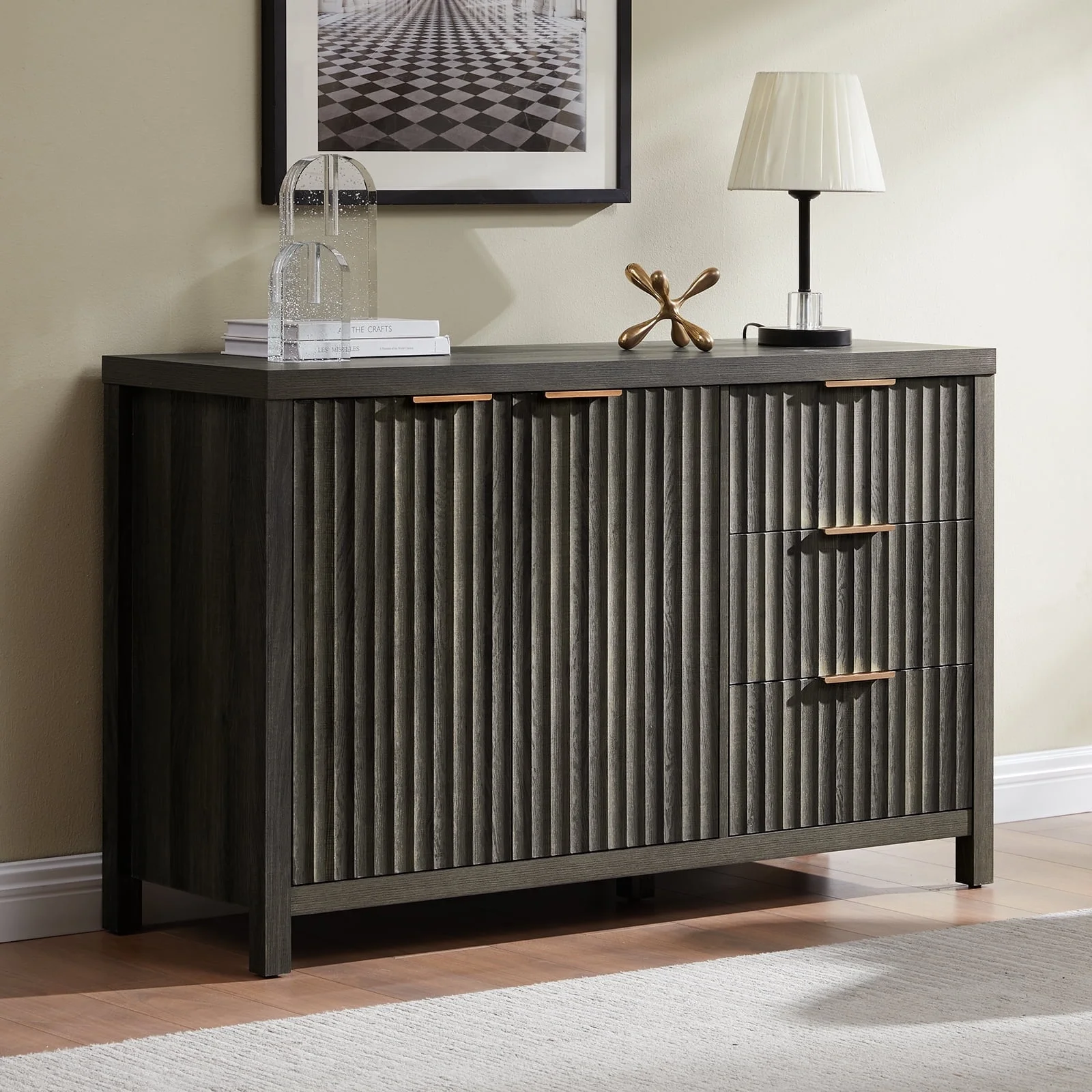 OAKHAM Buffet Sideboard Storage Cabinet with Drawer and Doors, Fluted Sideboard Modern Credenza with Adjustable Shelves