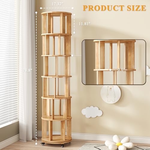 6 Tier Rotating Bookshelf Tower Spinning Bookshelf with Swivel Wheels Book Shelf Rotating Storage Tower for Kids Adult Narrow Walnut Solid Wood