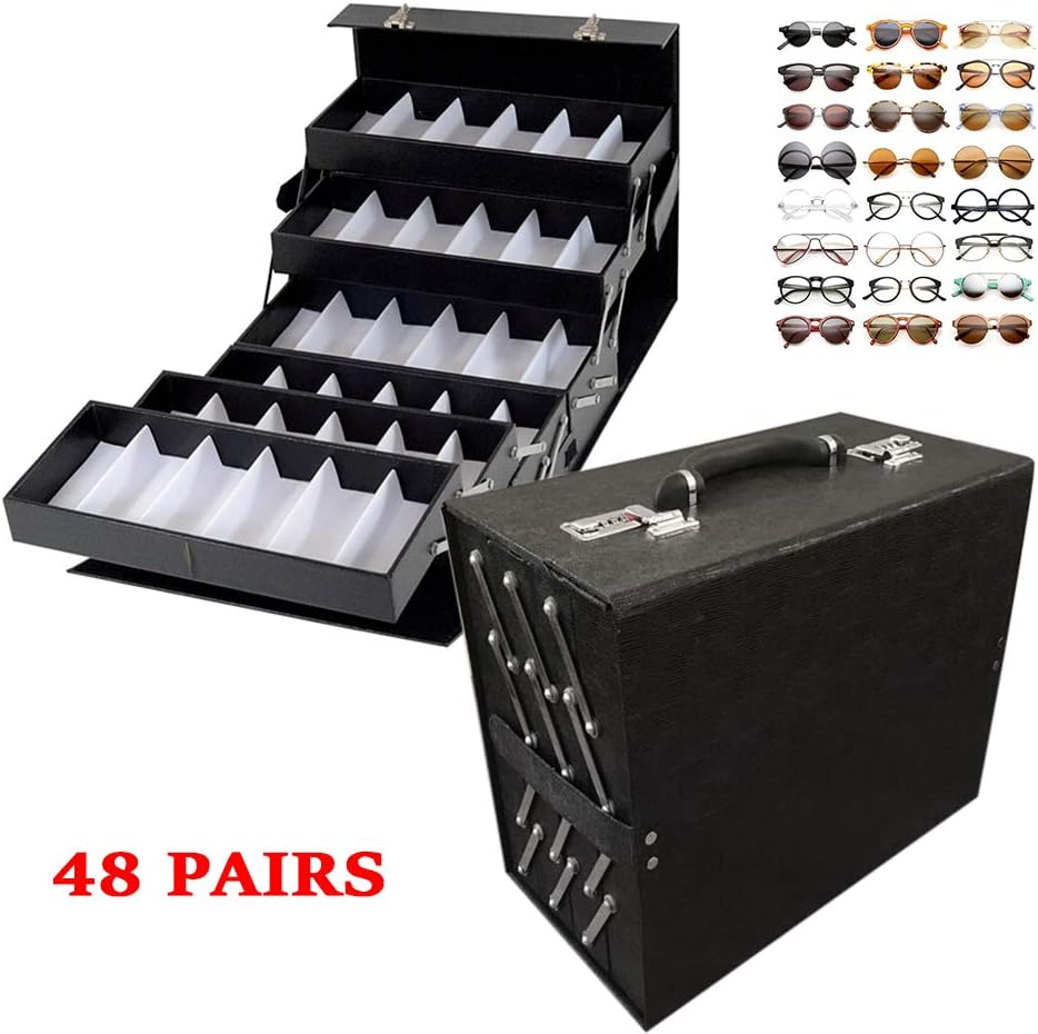 TFCFL Sunglasses Organizer, Sunglasses Slot Display Case,Sunglasses Jewelry Collection Storage Holder Box with Clear Glass Lid PU (48 Slots)