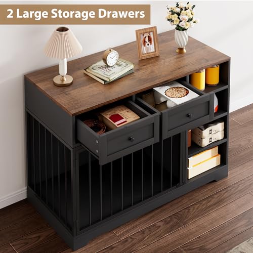 IDEALHOUSE 47” Large Dog Crate, Dog Kennel Indoor with 2 Drawers and 4 Shelves, Dog Crate Furniture TV Stand, Wooden Dog Cage for Medium Large Dogs
