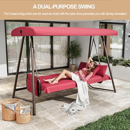 3-4 Person Oversized Outdoor Porch Swing with Adjustable Backrest Canopy,2-in-1 Swing Bed 800 lbs Capacity