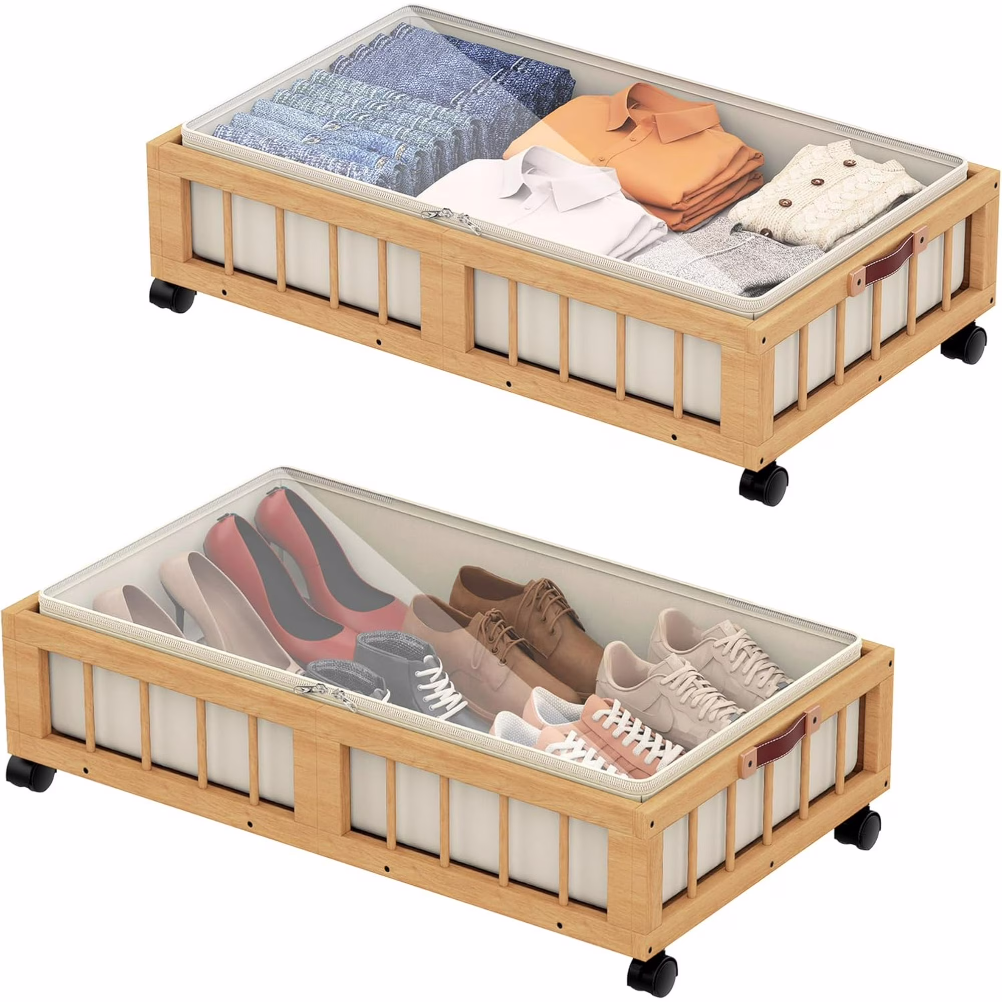 2-Pack Bamboo Under Bed Storage Containers with Wheels, Under Bed Clothes Storage Basket with Large Dust Bag, Rolling UnderBed Storage for Bedroom