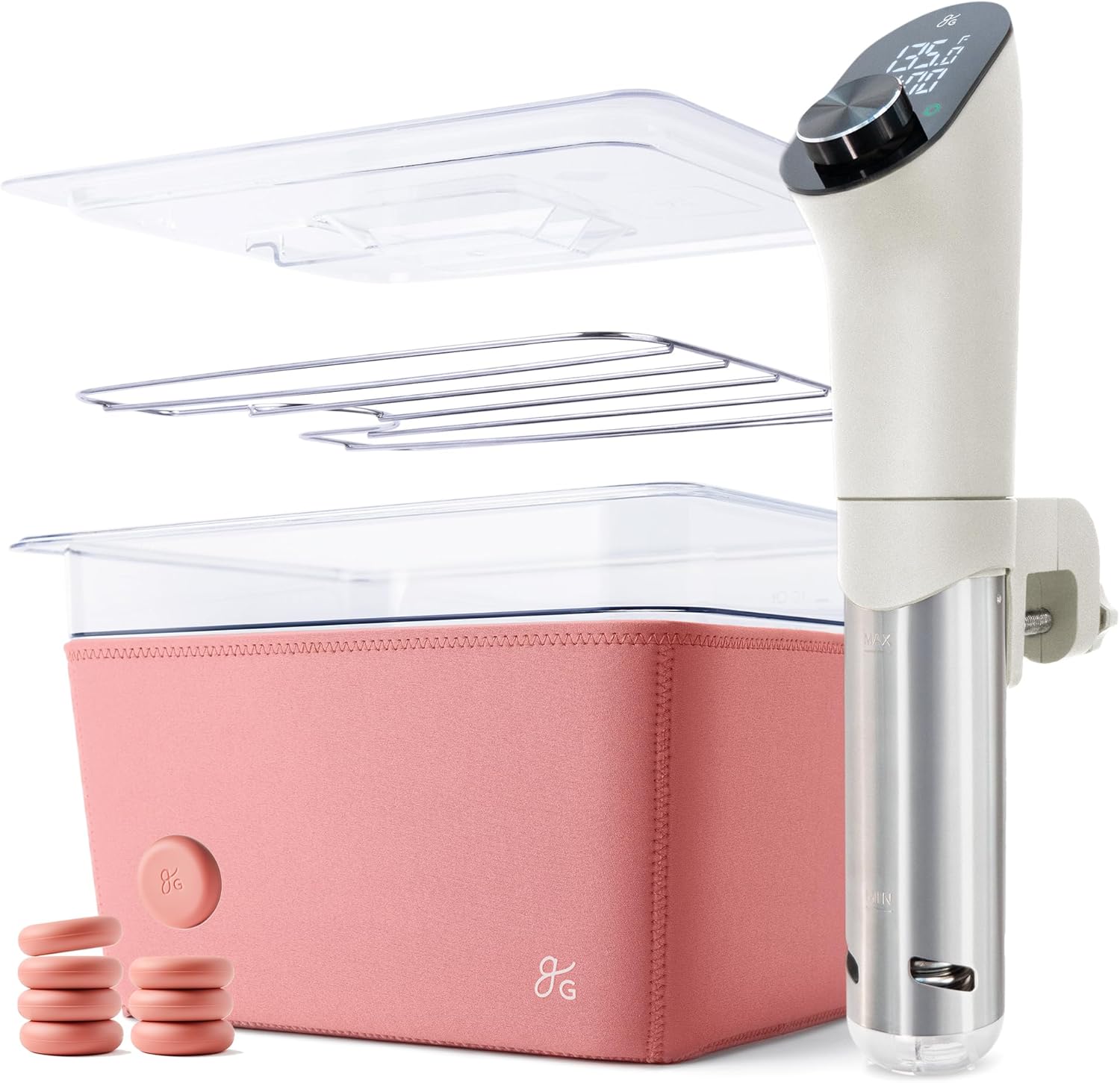 Greater Goods Sous Vide Bundle with Sous Vide Cooker, Container, and Silicone Magnets, Designed in St. Louis. Birch White/Pink.