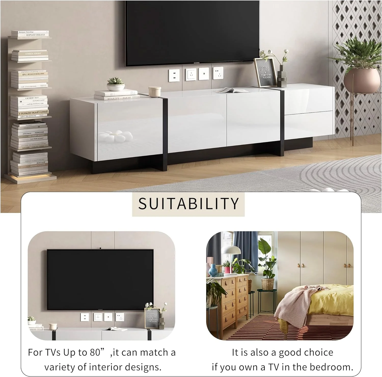 White Black Contemporary Rectangle Design TV Stand, Unique TV Console Table For Tvs Up To