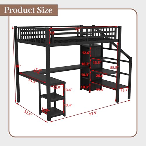 Loft Bed with Desk Queen Size, Gaming Loft Bed with LED Light for Adults, Heavy-duty Loft Beds Frame with Stairs & Wardrobe & Storage Shelves