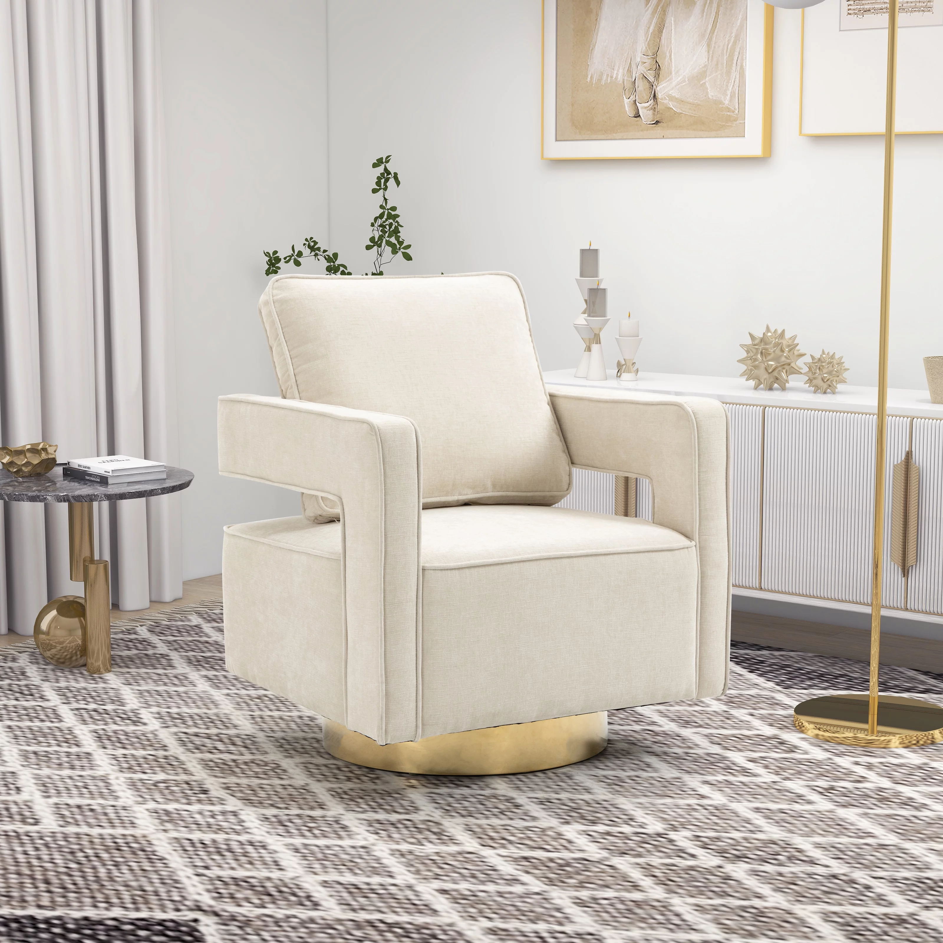 Swivel Barrel Chair Set of 2, Accent 360° Swivel Club Chairs with Gold Metal Base and Curved Open Back