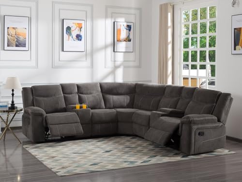 Power Recliner Sofa, Grey Fabric Reclining Sectional Couches with Two Recliners, Cup Holders, Storage Console for Home (Power Reclining)