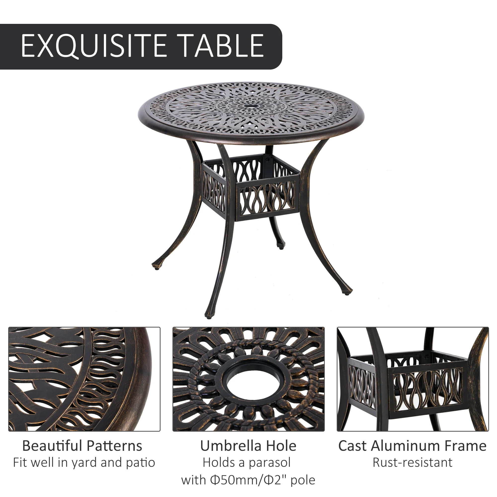 Outsunny Cast Aluminum Patio Dining Set for 4, Umbrella Hole, Bronze