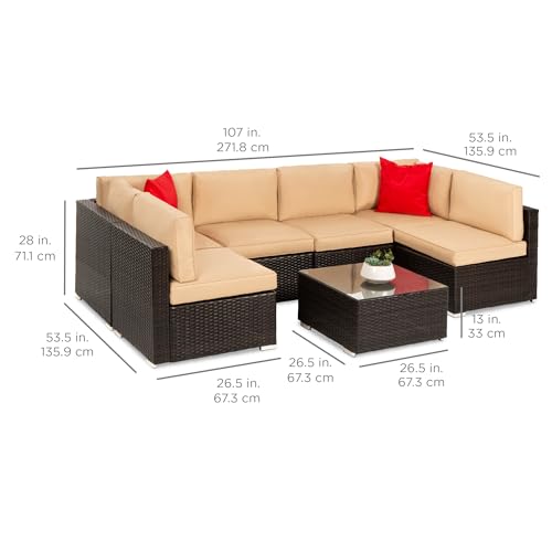 Best Choice Products 7-Piece Modular Outdoor Sectional Wicker Patio Conversation Set w/ 2 Pillows, Coffee Table, Cover Included - Gray/Navy
