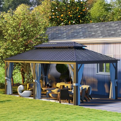 Aoxun 10' X 12' Hardtop Gazebo, Aluminum Metal Outdoor Gazebo with Galvanized Steel Double Roof