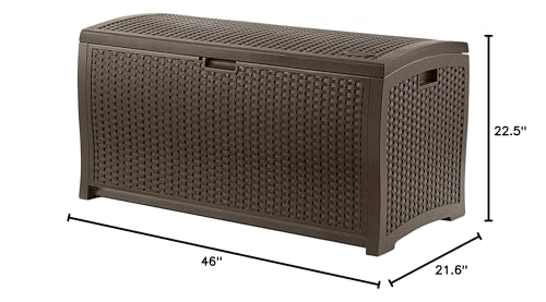 Suncast Outdoor Storage Box - 73 Gallon Mocha Brown Deck Box for Patio, Waterproof Outdoor Storage Bench, Resin Wicker Style, Heavy-Duty