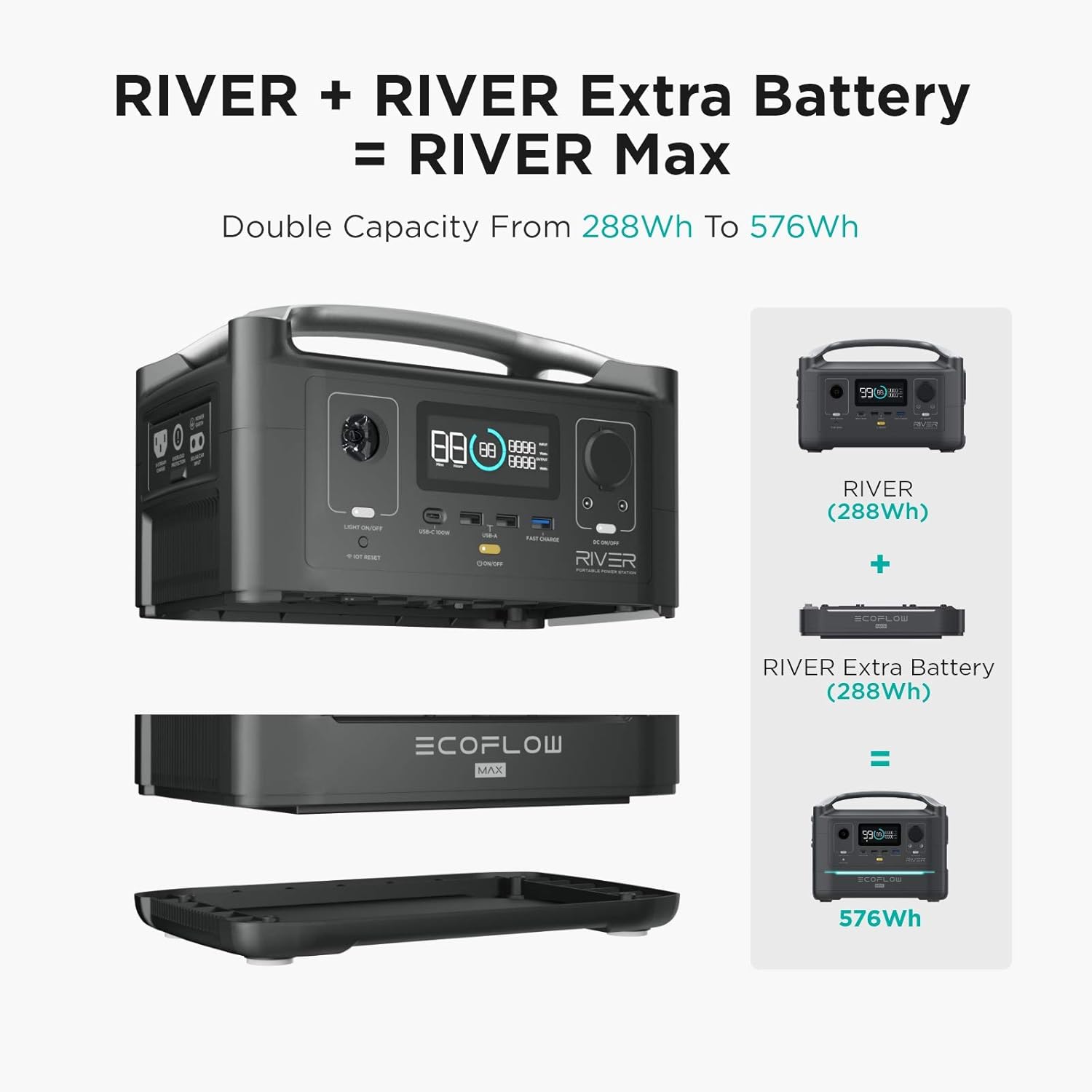 EF ECOFLOW RIVER EXTRA BATTERY, 288Wh Suitable for RIVER Solar Generator, Double Capacity, More Power, Backup Battery for Outdoor Camping RV
