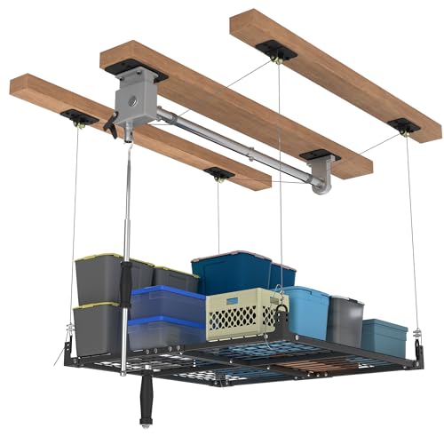 Overhead Garage Storage Rack,4x4FT Ceiling Storage Racks Lift,Adjustable Organization System,Workshops or Basements(Black)