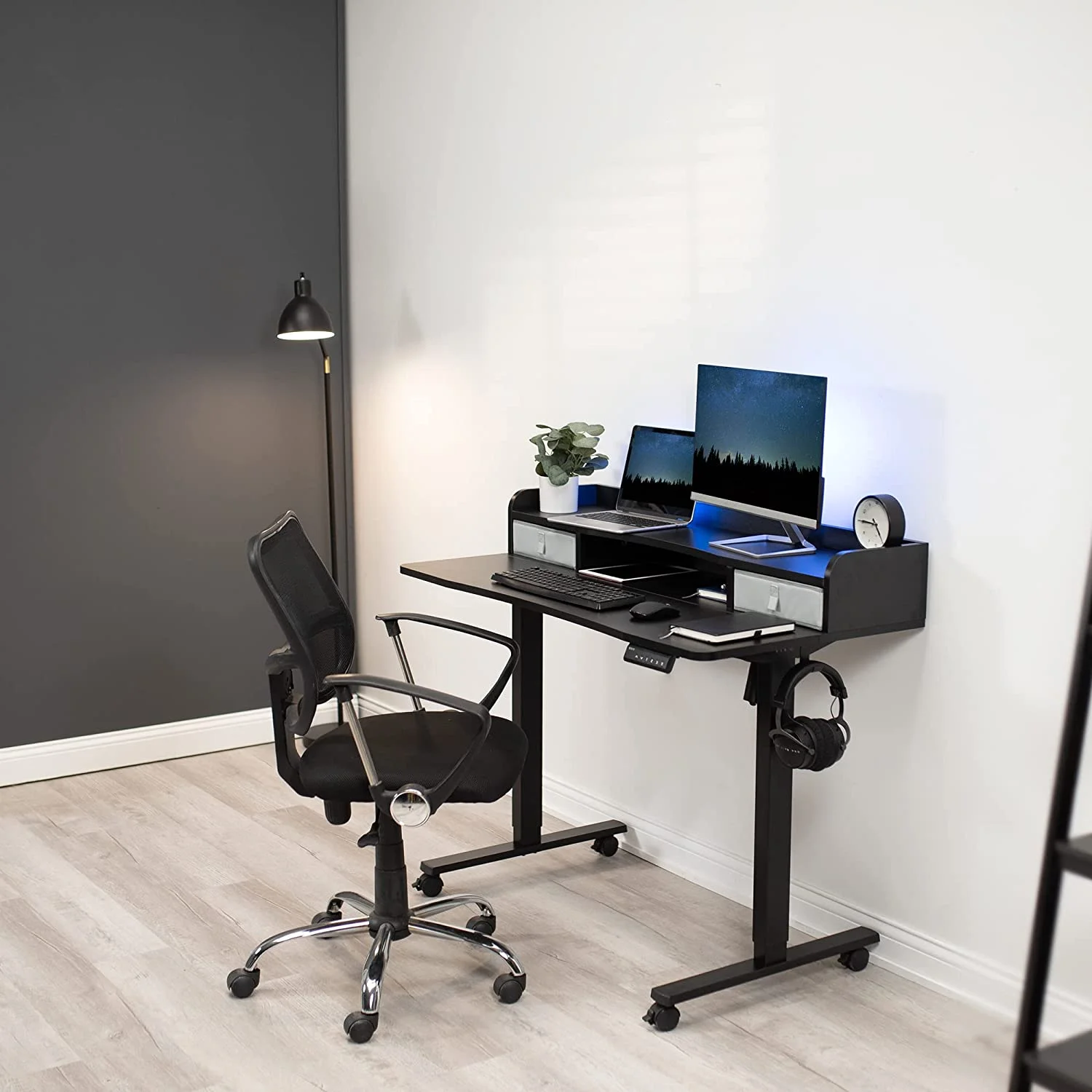 Electric 2-Tier Height Adjustable X 24 Inch Stand Up Desk, Mobile Table With Storage Drawers, Standing Workstation With Memory Controller, Casters