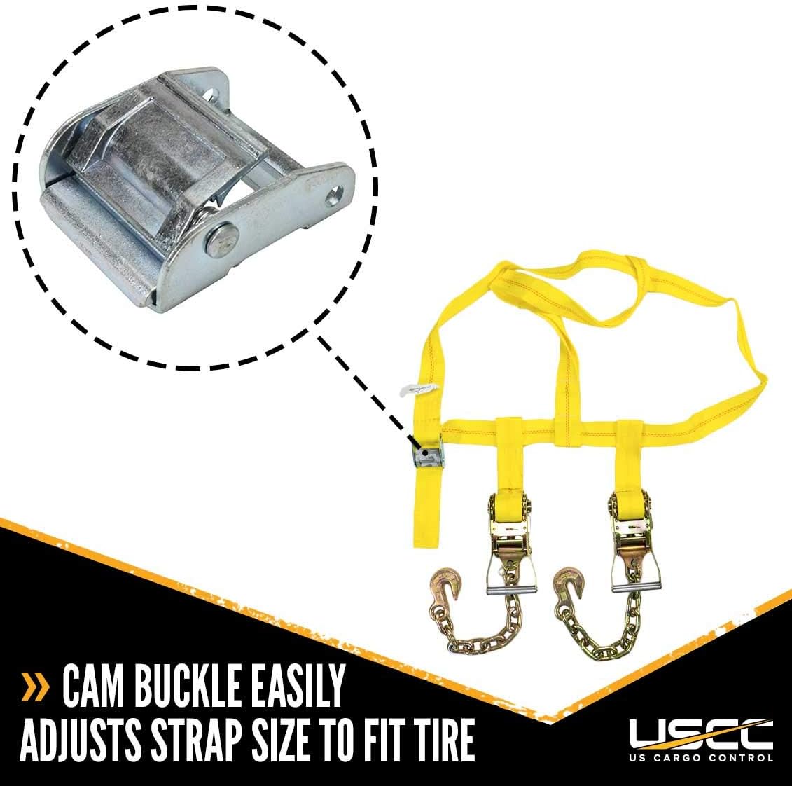 US Cargo Control Side Mount Wheel Net with Cam Buckle,Two Ratchets and Chain Extensions - Easy to Use Wheel Strap for Vehicle Tie Down Applications