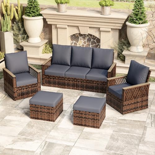 MELLCOM 4 Pieces Patio Furniture Set, Outdoor Wicker Chairs with Ottomans