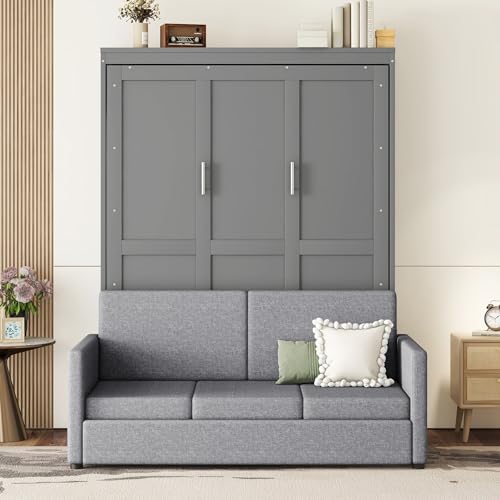 Ball & Cast Murphy Bed Wall Bed Queen Size with Cushion,Sofa Platform Bedfram Chest can be Folded,Wood Folding Hideaway w/Slat Support