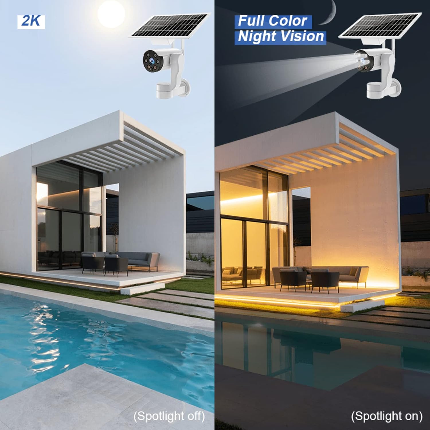 Wireless Security Camera Outdoor Solar Powered WiFi Cameras 360° View Full Color Night Vision PTZ with Spotlight, PIR Motion Detection, 2-Way Audio