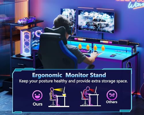 AODK 59 Inch Gaming Desk with USB Charging Ports & LED Light- Reversible Computer Desk with Storage Shelves & Monitor Stand