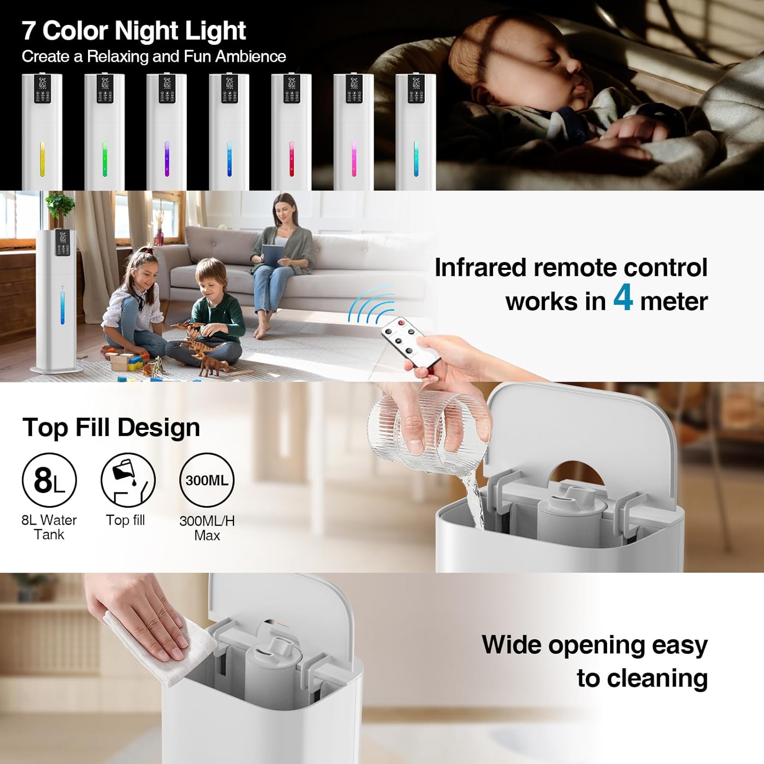 Smart Humidifiers Large Room Bedroom Home, 8L Top Fill Cold Mist Humidifiers with 3 Adjustable Mist Levels, Smart App & Remote Control, 48H Runtime