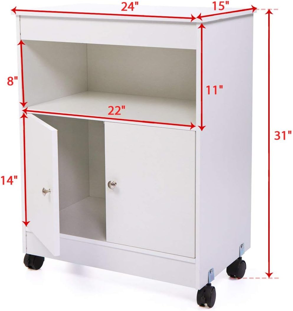 Microwave Cabinet Cart,Microwave Stand Kitchen Cart with Storage, Double Door Cabinet, Open Storage,Top Shelf,White