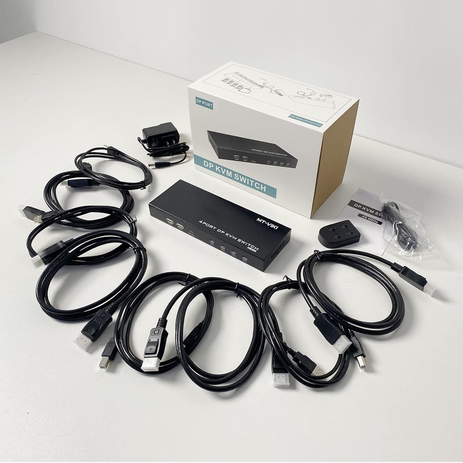 DisplayPort 4 Port MT-VIKI KVM Switch 4x1 with 4 DP Cables+ 4 USB Cables 4K@60Hz 4:4:4 UHD Support HDCP 2.2 DP1.2 Hotkey for Windows, Linux, etc.