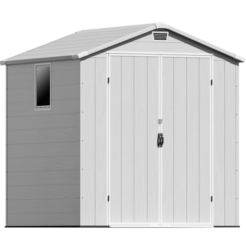 Patiowell 6 x 8 FT Plastic Outdoor Storage Shed with Floor, Resin Outside Tool Shed with Two Windows and Lockable Easy to Install, Door for Garden