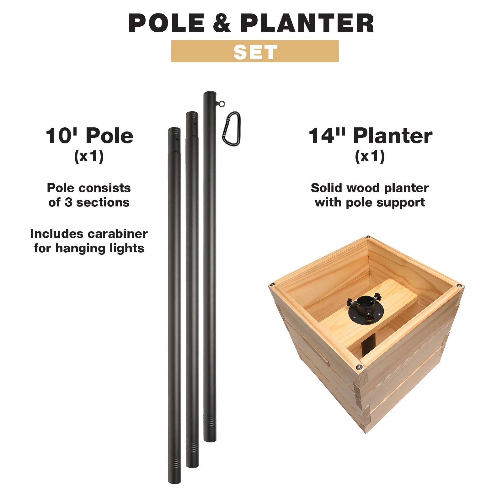 Excello Global Products Wooden Planter Box Set with 10' String Light Pole - 14"x14", Ready to Assemble.