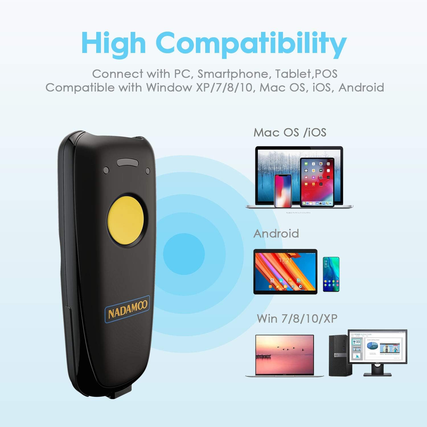 NADAMOO Wireless 2D Barcode Scanner Compatible with Bluetooth, 2.4G Wireless & USB Wired Connection