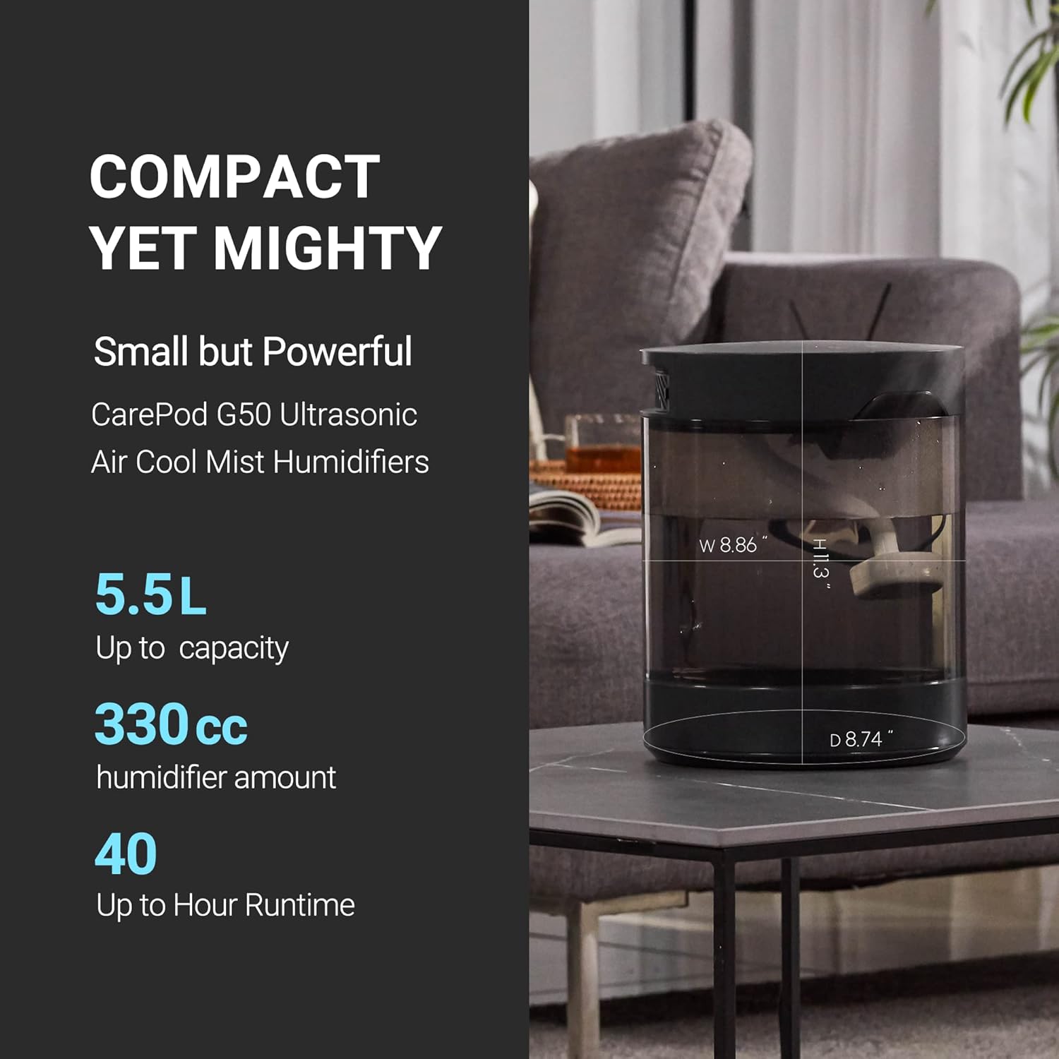 CarePod G50 Ultrasonic Air Cool Mist Humidifiers - 5.5 liters Water Tank for Long Lasting Use - Portable Humidifiers for Bedroom Large Room